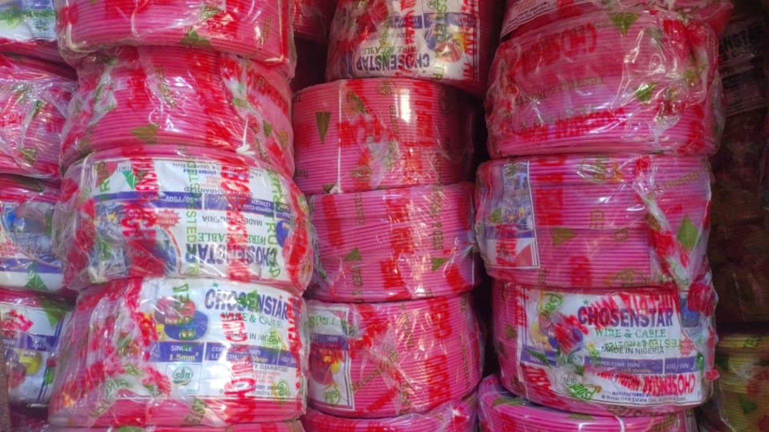 Packaged electrical cable coils at the shop